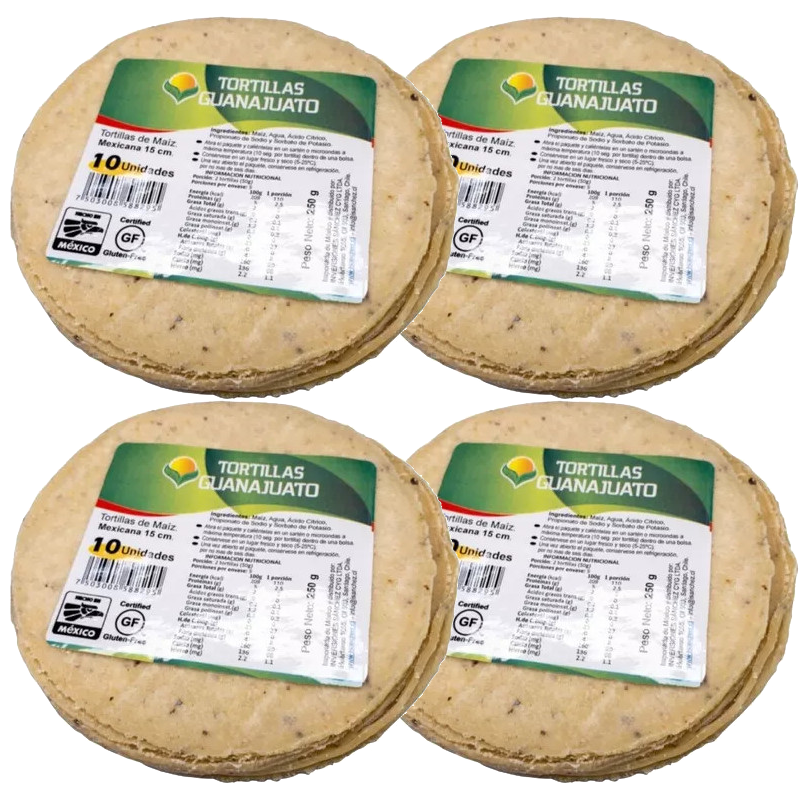 Majs tortillas 4-pack, Glutenfria 15cm 4 x 10st, 1000gr. Tillverkade i Mexico.