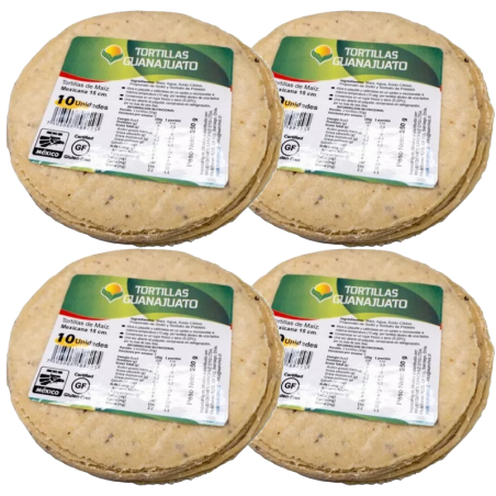 Majs tortillas 4-pack, Glutenfria 15cm 4 x 10st, 1000gr. Tillverkade i Mexico.