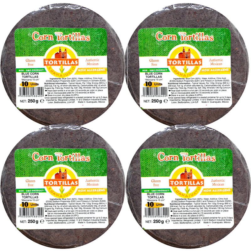 Majs tortillas Blåa 4.pack, Glutenfria 15cm 4 x 10st, 1000gr. Tillverkade i Mexico.