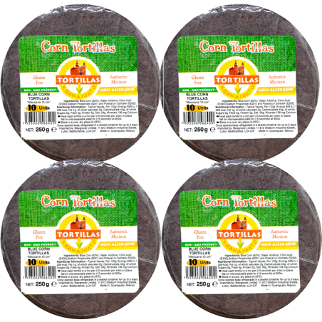 Majs tortillas Blåa 4.pack, Glutenfria 15cm 4 x 10st, 1000gr. Tillverkade i Mexico.